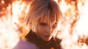A short-haired character stands stoically in front of flames in Ever Crisis